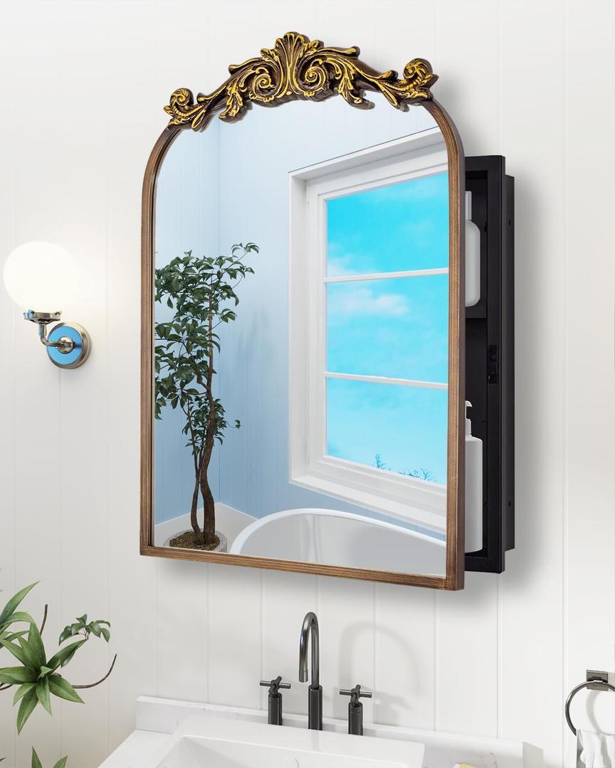20"x30" Vintage Arched Bathroom Medicine Cabinet with Mirror, Hand-Painted Flower on Aluminum Frame Art Decor Medicine Cabinets Recessed / Wall Mounted, 2 Stable & Removable Shelves and 1 Organizer