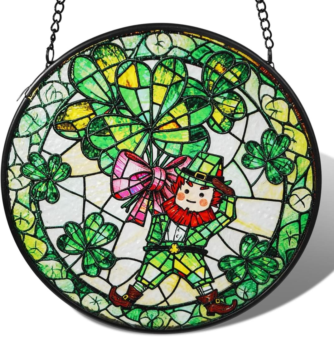 2 x St Patricks Day Decor Irish Gifts for Women Men Stained Glass St Patrick's Day Ornament Leprechaun Shamrock Window Hanging Decorations 6 Inch