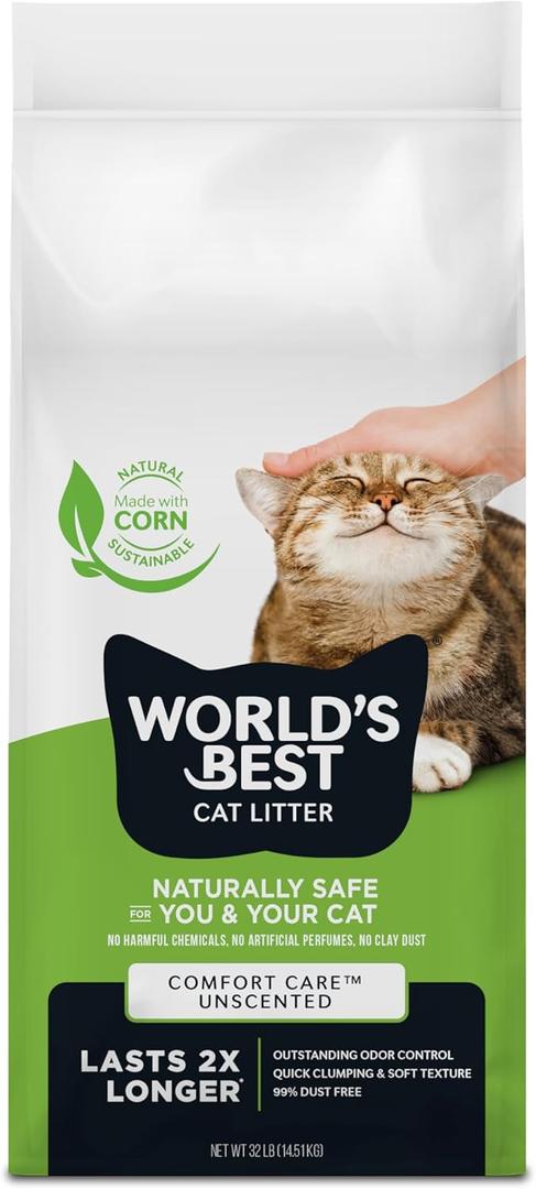 WORLD'S BEST CAT LITTER Comfort Care Unscented, 32-Pounds - Natural Ingredients, Quick Clumping, Flushable, 99% Dust Free & Made in USA - Long-Lasting Odor Control & Easy Scooping