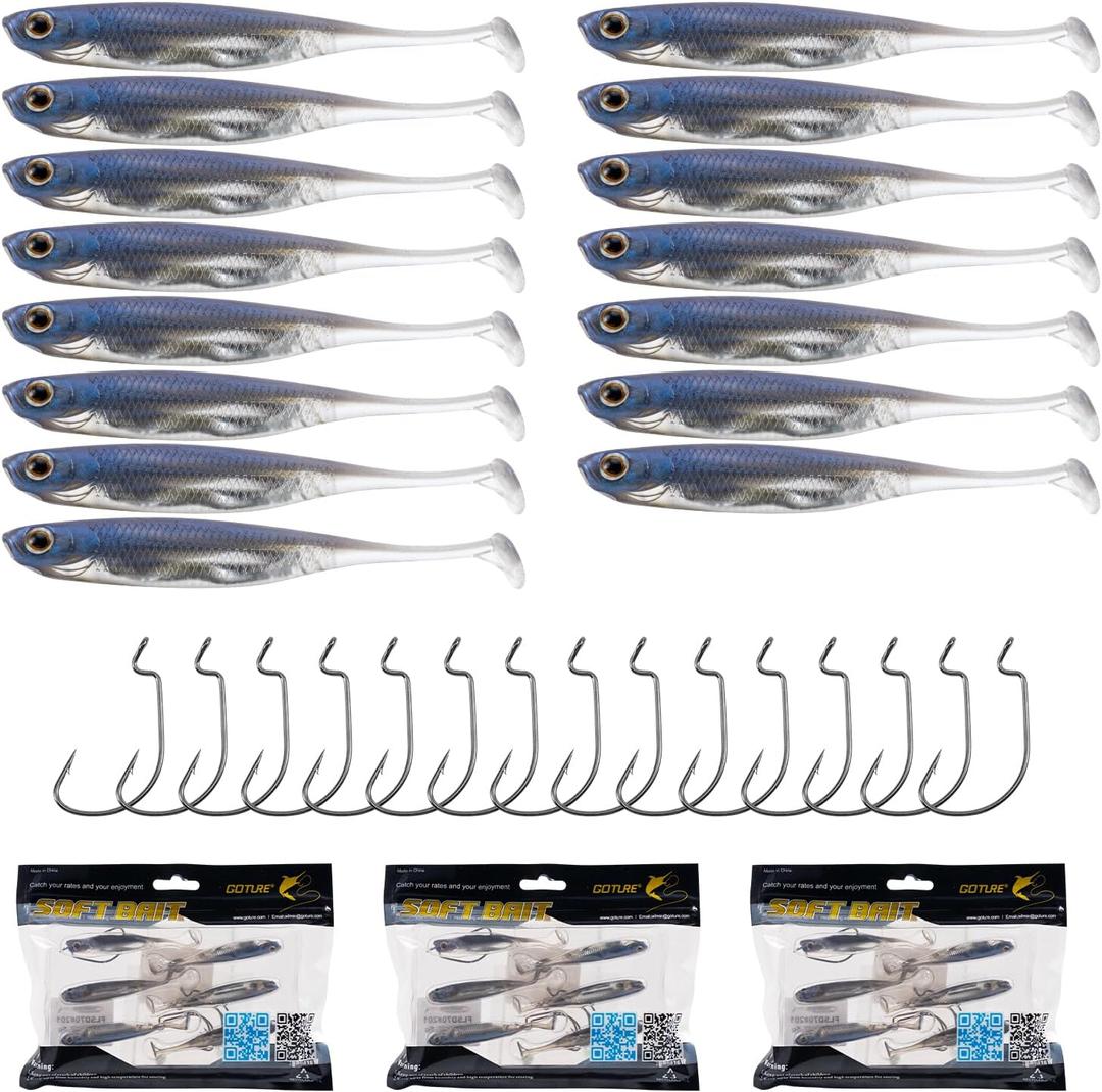 Goture Soft Plastic Baits with Worm Hooks Kit, Straight/Paddle/Fork Tail Swimbaits, Soft Jerk Shad Baits Jerkbait Minnow Baits for Bass Trout, Fishing Drop Shot Shad Lures (4.72in - 0.35Oz)