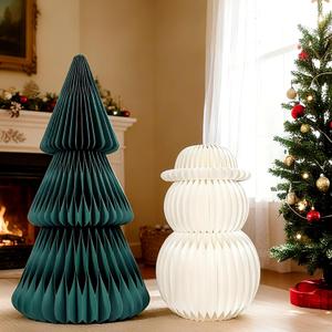 31.1" Large Christmas Tree Honeycomb Paper Xmas Tree and Snowman Decorations Huge Folding 3D Home Centerpiece Christmas Honeycombs Decor for Xmas Indoor Home Holiday Winter Decor,2 Pcs,Green and White