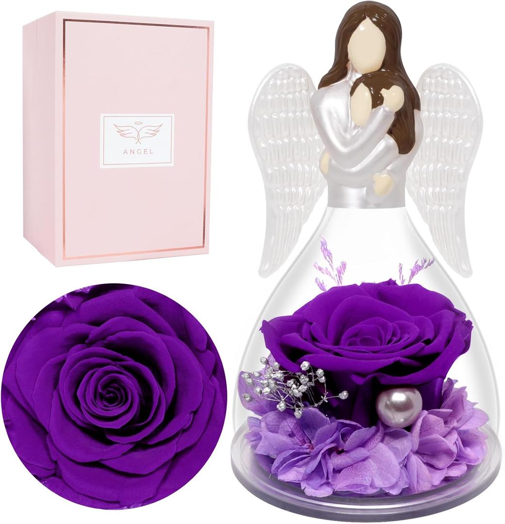 Miofula Christmas Roses Gifts for Mom Daughter,Preserved Flowers Rose Glass Angel Figurines Birthday Gifts for Mom, for Mom Grandma,Forever Rose Mom Gifts,Mother Daughter Statue Gifts (2-purple)