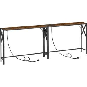 2 Pack Narrow Sofa Table with Charging Station, 39.4" L x 5.9" W x 29" H, Skinny Console Table, Long Entryway Hallway Couch Table with Power Outlets, Rustic Brown CTHR151E01S2
