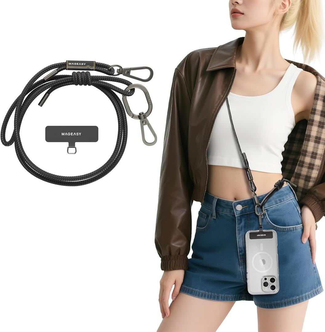 MAGEASY Universal Cell Phone Lanyard - Anti-Theft Rope Crossbody Phone Strap for iPhone 17 Pro Max & Most Smartphones, for Men & Women | 6mm Black