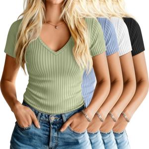 Neer 4 Pack Women's V Neck T-Shirts Cotton Short Sleeve Ribbed Slim Fit Tops Casual Summer Basic Tee Multipack (Large)