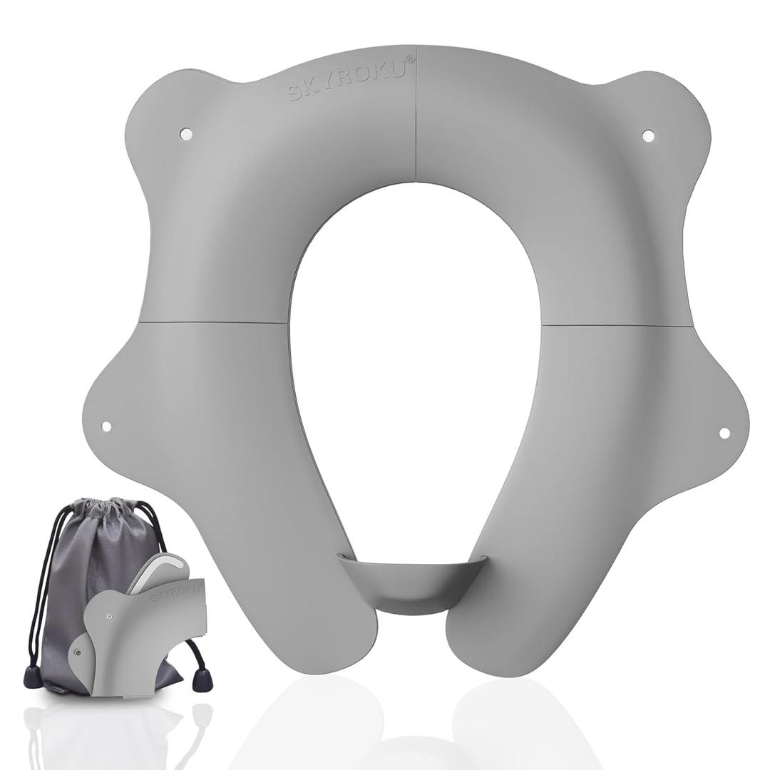 SKYROKU Foldable Travel Potty Seat for Toddlers and Kids - Anti-Slip Potty Training Seat with Handles, Splash Guard, DIY Stickers, Storage Bag - Fits Most Toilets, Portable & Easy to Clean (Gray)