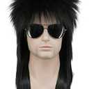 karlery Men Women Long Straight Black Wig 70s 80s Heavy Metal Rocker Wig Disco Mullet Wig, Black