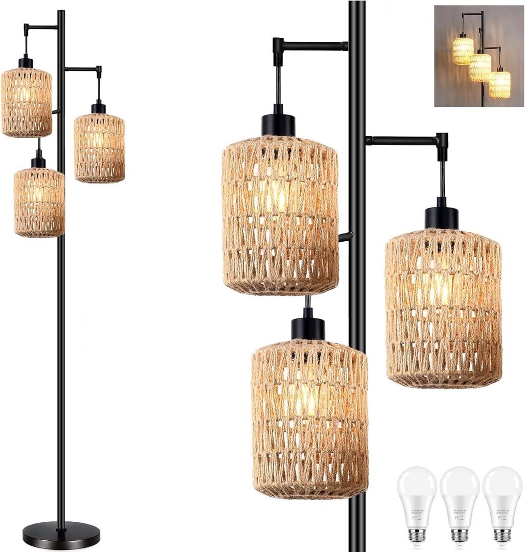 QIYIZM Floor Lamp for Living Room,Bedroom,3-Lights Boho Rattan Tree Floor Lights,Industrial Black Farmhouse Standing Lamp Wicker Rustic Tall Lamp,Woven Bamboo LampShade Floor Lamps Bohemian