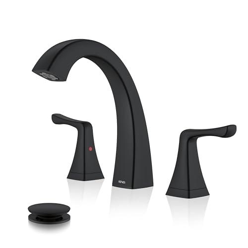 KENES Black Bathroom Faucets for Sink 3 Hole, Matte Black 8 Inch 2 Handle Widespread Bathroom Faucet, Bathroom Vanity Faucet with Pop Up Drain & Supply Lines, LJ-9075-2