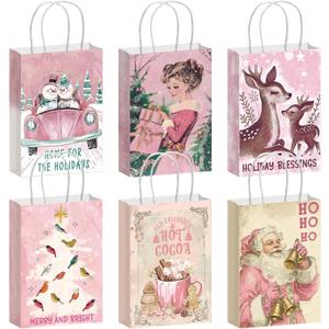 Kolldenn 24 Pcs Pink Vintage Christmas Paper Gift Bags Treat Bags Christmas Party Favor Bags with Handle Santa Claus Candy Goodie Bags for Xmas Holiday Party Decorations Supplies, 6 Designs