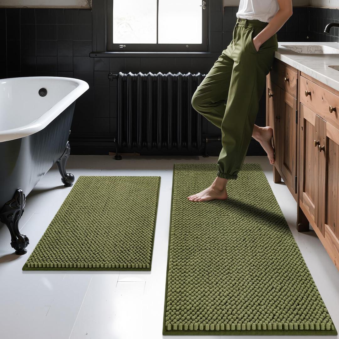 BSICPRO Bathroom Rugs Set 2 Piece-Chenille Bath Mats Non Slip-Thick Soft Absorbent Sage Bath Rug-Shower Floor Mat Machine Washable-Bathroom Decor Accessories (Olive Green, 20" x 47" Plus 20" x 32")