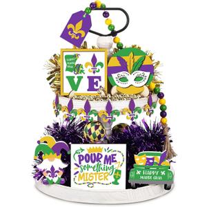 Jetec 11 Pcs Mardi Gras Tiered Tray Decor Mardi Gras Mask Table Wooden Sign Purple Gold Green New Orleans Carnival Table Sign Venetian Masquerade Party Centerpiece for Home Kitchen Bar Decoration