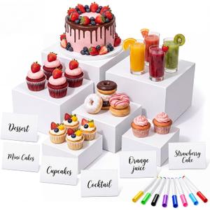 Yinder 6 Pcs White Paper Buffet Risers with Mini Table Sign and Marker Food Nesting Risers for Buffet Table Display Stand Shelf for Party Catering Dessert Jewelry ( 8", 7", 6", 5", 4", 4")