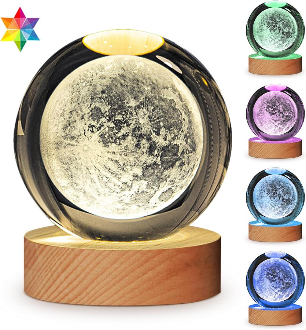 YAZJIWAN 3D Solar System Crystal Ball Lamp, Large Galaxy Night Light With 7 Color Change, Space Bedroom Decor, Christmas and Birthday Gift for Kids, Boys, Girls (Moon)
