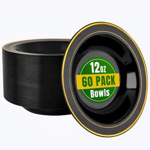 bUCLA 60 Pack Black Plastic Bowls with Gold Rim - 12 oz Plastic Soup Bowls Disposable for Wedding, Party, Gathering & Graduation