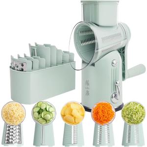 ZHANG XIAO QUAN SINCE 1628 5-in-1 Interchangeable Blades Rotary Cheese Grater Hand Crank, Cheese Shredder Mandoline Vegetable Julienne Slicer Cutter Nut Chopper with Anti-Slip Base, Green