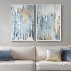 Large White Framed Blue and Gold Abstract Canvas Wall Art, 2 Piece Modern Minimalist Art Prints Paintings Artwork for Walls, Glitter Pictures for Living Room, Dining Room, Bedroom Wall Decor 20x30 In