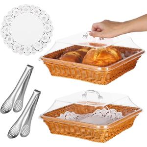 2 Pack Wicker Large Bread Basket with Lid, 11.8''11.8'' Square Plastic Imitation Rattan Woven Serving Basket with 2 Stainless Steel Tongs150 Paper Liners for Food Vegetable Display