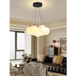 Modern Bubble Chandelier Lighting 7-Light Mid-Century White Glass Globe Chandeliers Cluster Pendant Light Black Hanging Chandelier for Bedroom Living Room
