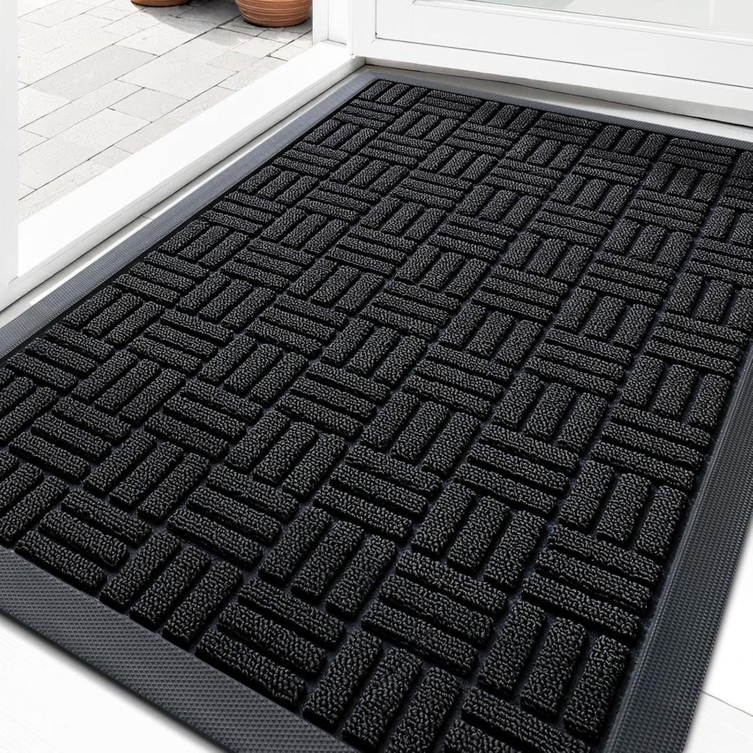 OLANLY Front Door Mat Outside Entrance 29.5x17, Absorbent, Heavy Duty Sturdy Natural Rubber Doormat Indoor Outdoor, Stain and Fade Resistant, Non-Slip Backing Low Profile Floor Mat for Entryway, Black