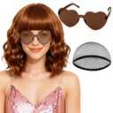 PLULON Maroon Curly Bob Wig Heart Sunglasses for Women, Girls Shoulder Length Wavy Wigs with Bangs Synthetic Hair with Hair Cap for Valentine's Day Sisters Gathering Birthday Daily Outfit Costume