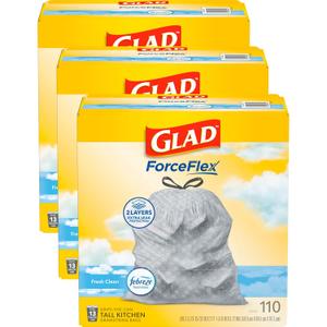 Glad ForceFlex Tall Kitchen Trash Bags, 13 Gallon, Fresh Clean, 110 Ct, 3 Pack (Package May Vary)