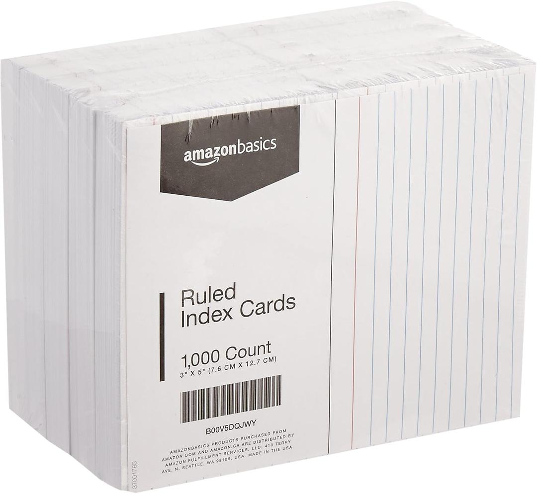 Amazon Basics Ruled Lined Index Cards, 1000 count, 10 Pack of 100, White, 3 in x 5 in