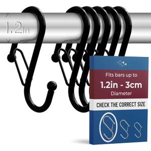 6 S-Shaped Hooks with Anti-Fall System. Anti Drop S-Shaped Hook with Safety Buckle to Prevent Falls. Heavy Duty. (Black, 4in Long (Diameter Rod<1.2in))