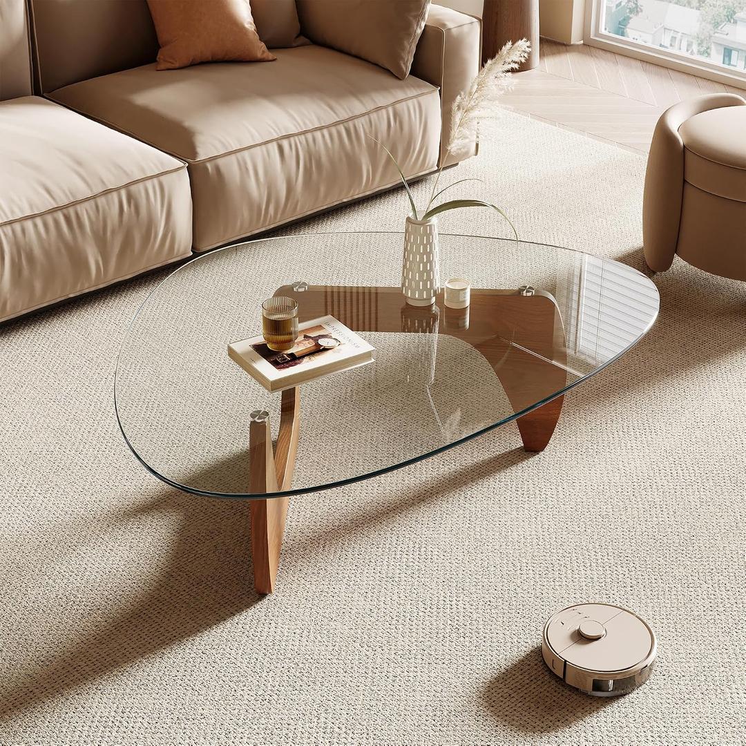 Honyee Morden Coffee Table, 42.5" x 28.5" x 16.1" Triangle Tempered Glass Top for Living Room, Color: Natural Wood
