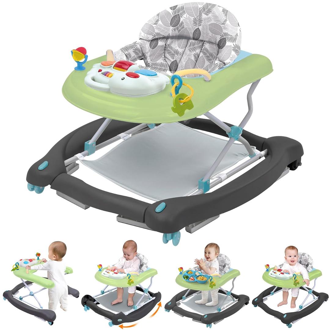 Pawtong Foldable Baby 5-in-1 Activity Walker - Rocker, Activity Center, Bouncer, Seat Walker, Push Walker - Adjustable Speed Rear Wheels and Height Toys Ages 6-18 Months (Green)