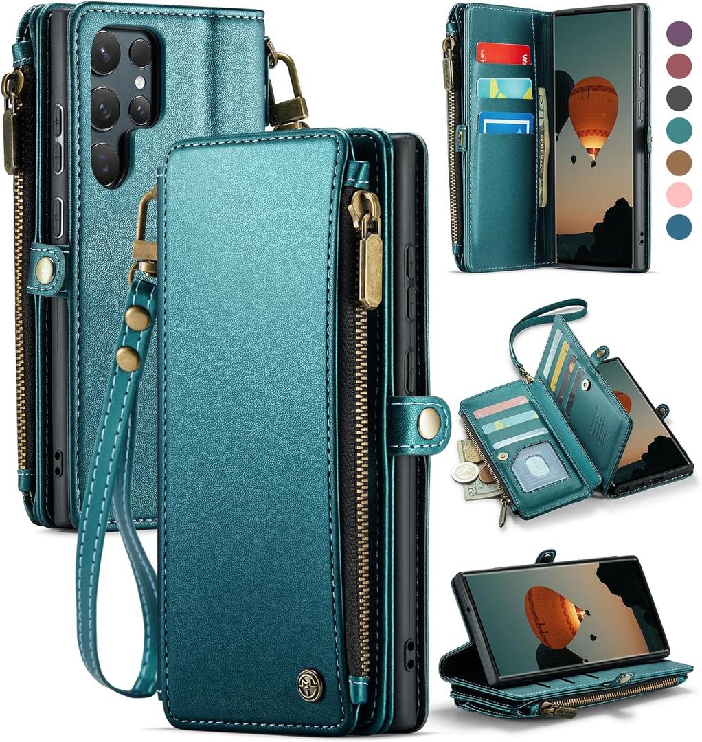 Defencase Compatible with Samsung Galaxy S22 Ultra Case Wallet with RFID Blocking Card Holder for Women Men, PU Leather Magnetic Snap Flip Zipper Strap Phone Case Fit for Galaxy S22 Ultra 5G, Green (Elegant Blue Green)