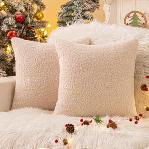 AQOTHES Beige Winter Throw Pillow Covers 18x18 Inch Set of 2, Boucle Faux Fur Pillow Covers,Cozy Fluffy Home Living Room Farmhouse Decor for Sofa Couch Bed
