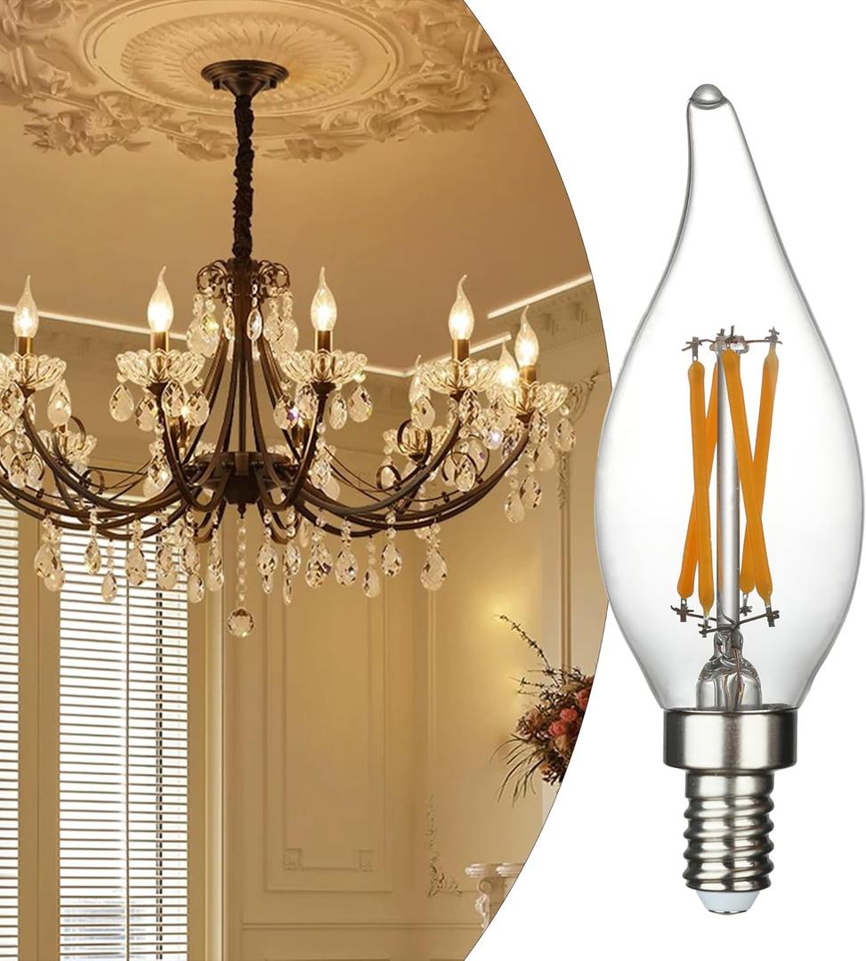 6 Pack E12 Led Light Bulbs, 40 Watt Equivalent 4W, CA10 2700K Warm White 400LM Dimmable Chandelier Bulbs, High Brightness Candelabra Bulbs, CA11 Clear Flame Tip Light Bulbs for Chandelier