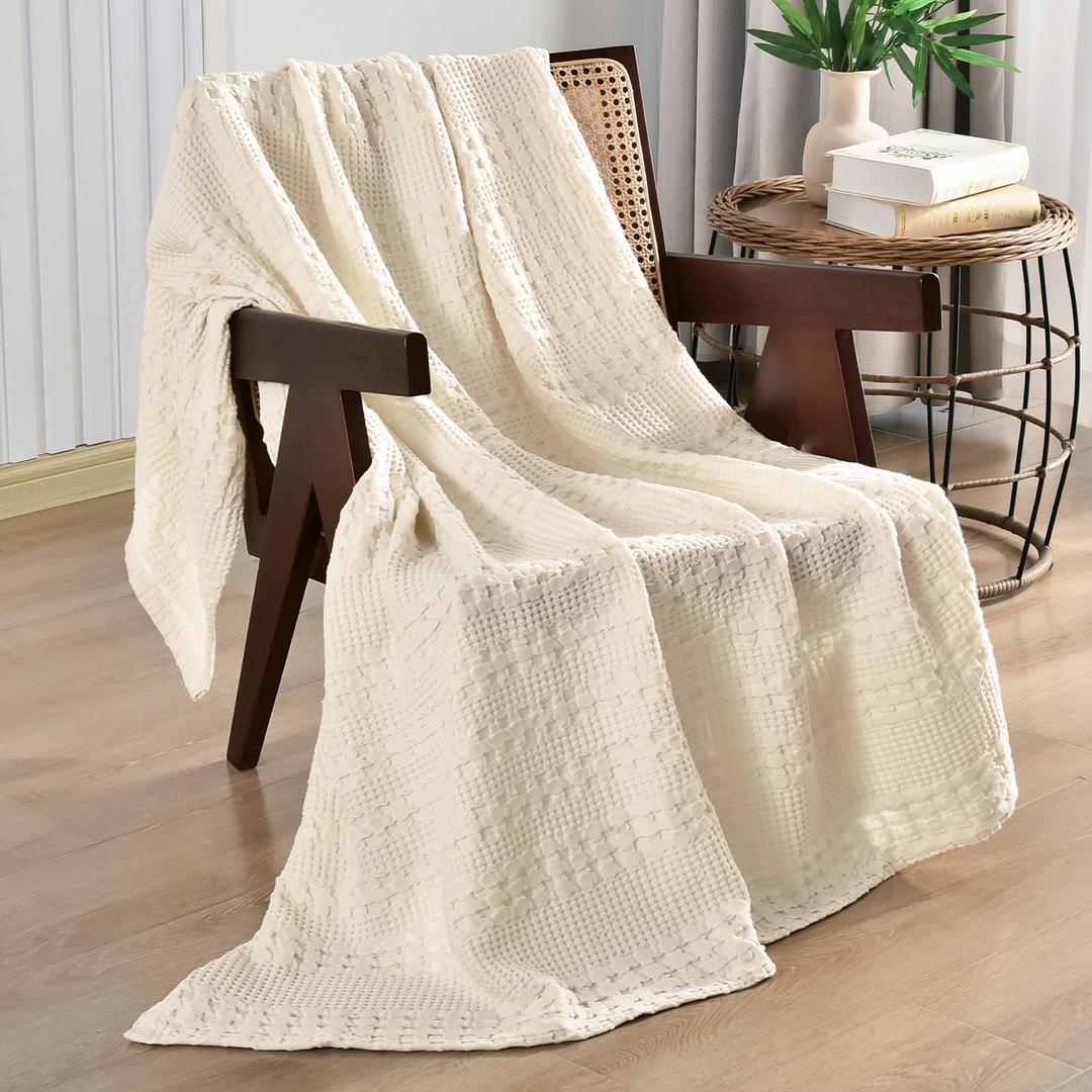 PHF 100% Cotton Waffle Weave Throw Blanket, Soft Lightweight Breathable Cozy Throws for Couch Bed Sofa, Luxury Aesthetic Blanket Gift for Home Decor & Office, 50"x60", Natural