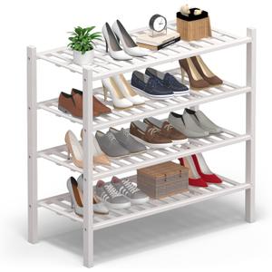 Haddockway 4 Tier Bamboo Shoe Rack Storage Organizer, Multifunctional Free Standing Stackable Shoe Shelf with Grid Panel for Closet,Hallway,Entryway,Small Space 27"x11"x26" (White)