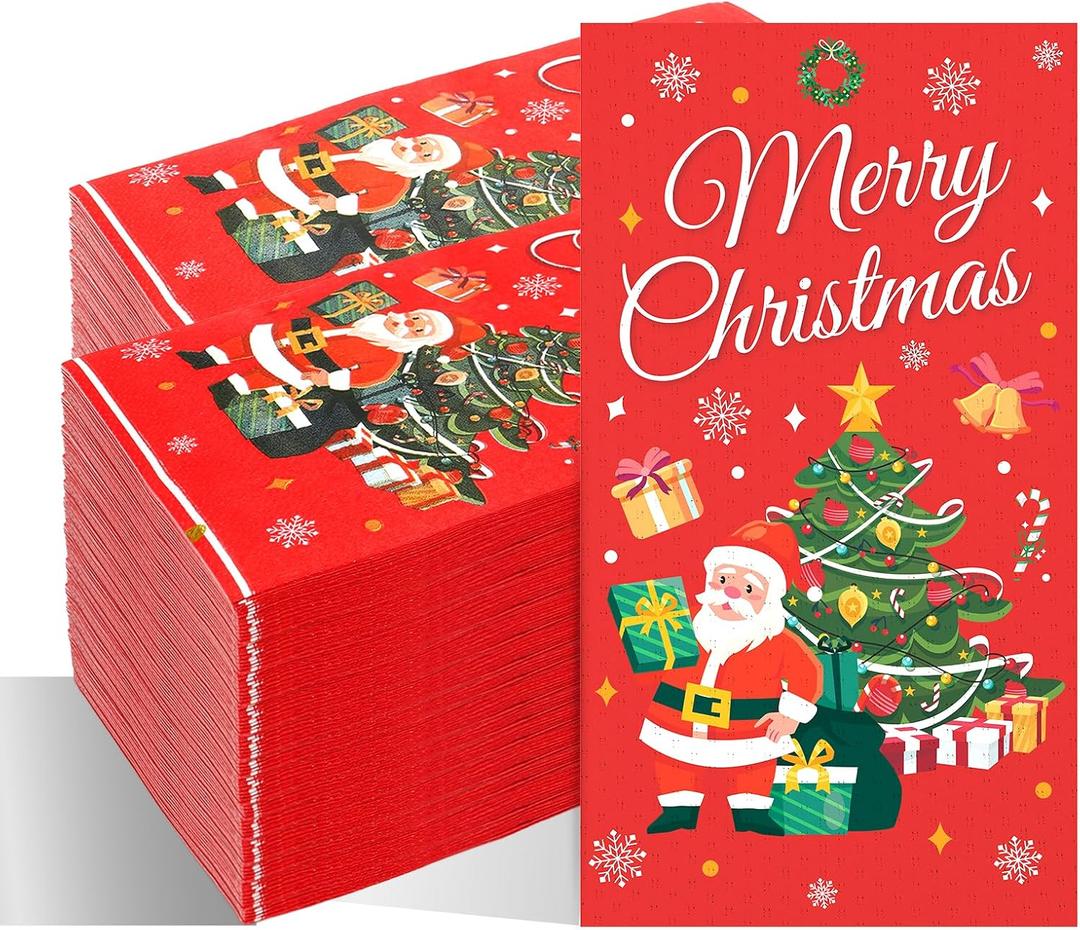 Merry Christmas Napkins, 200 Pcs Christmas Disposable Paper Guest Napkins, Red Xmas Tree Decorative Dinner Hand Towels for Xmas Holiday Festive Party Kitchen Bathroom Lunch Dinner Table Decorations