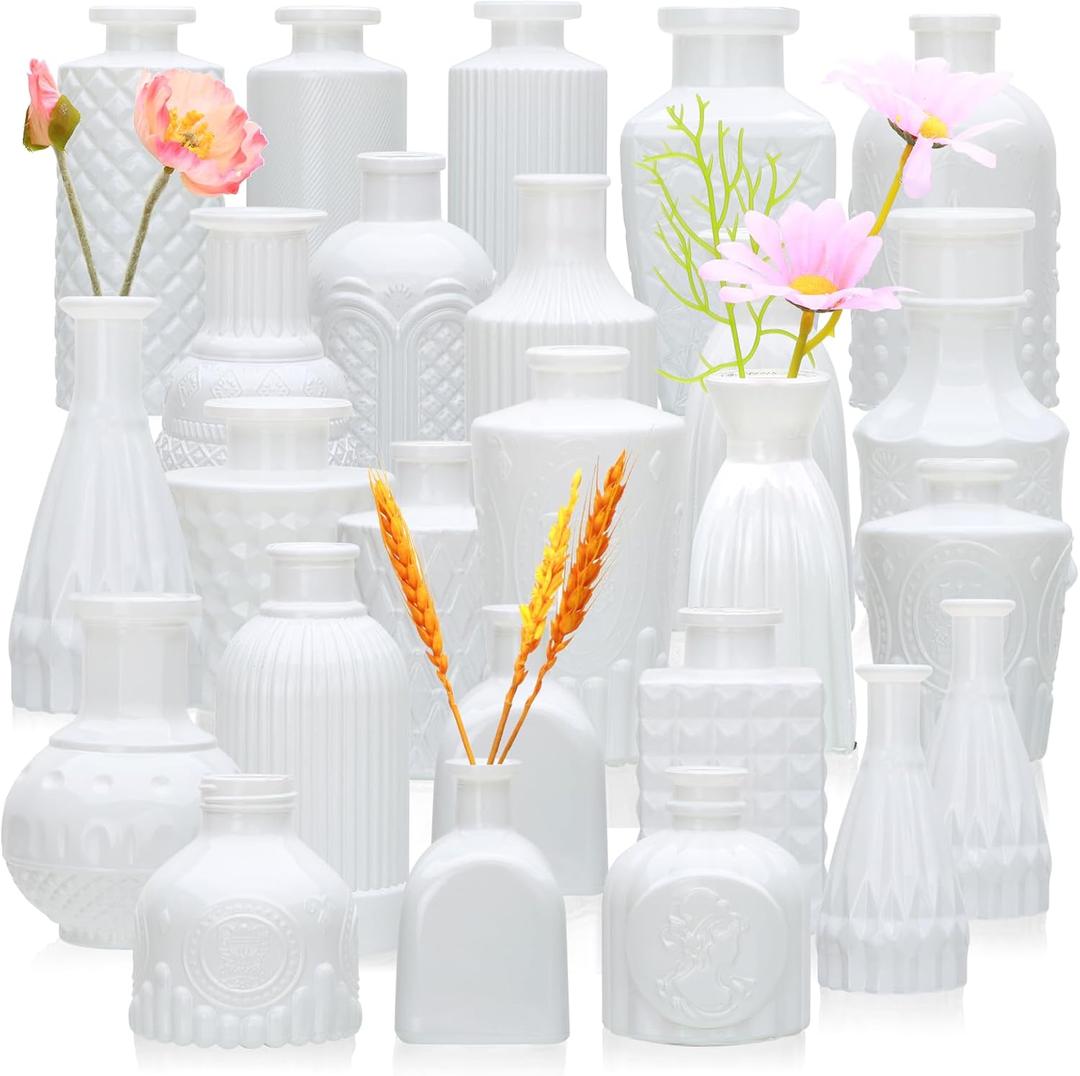 Brajttt Bud Vase Set of 25, White Vases, Glass Bud Vases in Bulk, Small Vases for Mini Flower Vase Set, Cute Vintage Glass Vases Set for Flower,Wedding,Home,Centerpiece Table Decorations