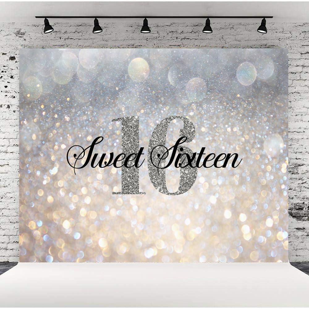 Lofaris Sweet 16 Birthday Party Backdrop Shiny (No Glitter) Silver White Bokeh Golden Spots Princess Sixteen Background Girls 16th Birthday Decorations Cake Table Banner 10x7ft