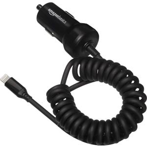 Amazon Basics 12W (5V, 2.4A) Fast Charging Car Charger with Coiled Lightning Cable for iPhone, iPad and Apple Devices, 1.5 ft - Black