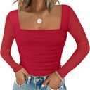 Chunpin Women's Bodysuits Square Neck Long Sleeve Bodysuits Mesh Ruched Thong Body Suit Outfits Going Out Tops (Large)