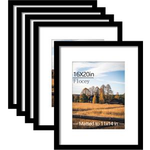 16x20 Picture Frame 5 Pack, Black Poster Frame, Display Pictures 11 x 14 with Mat or 16 x 20 Without Mat for Horizontal or Vertical Wall Mounting, Wall Gallery Frame for Artwork Certificate