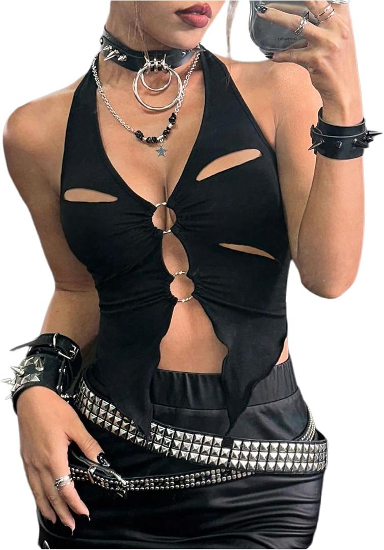 MakeMeChic Women's Sleeveless Halter Crop Tops Ring Cut Out Backless Split Y2k Top (Medium, Black)