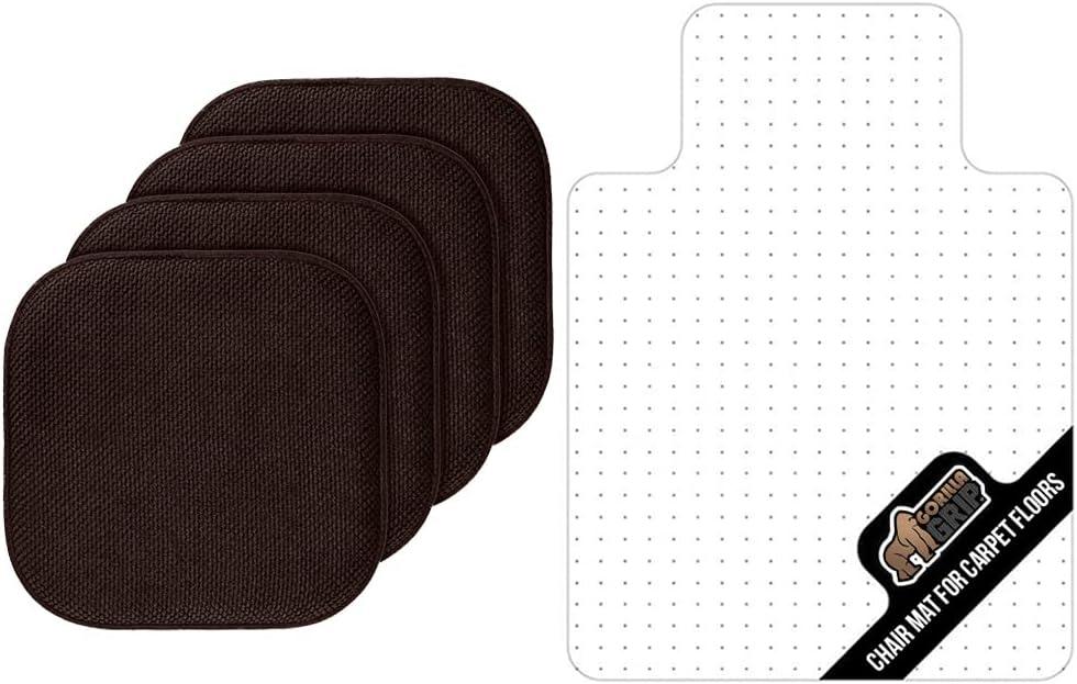 Gorilla Grip Chair Pads Set of 4 and Chair Desk Mat, Chair Cushions Size 16x16 in Brown, Memory Foam, Chair Mat for Carpets Size 29x47, Slip Resistant Computer Mat, 2 Item Bundle