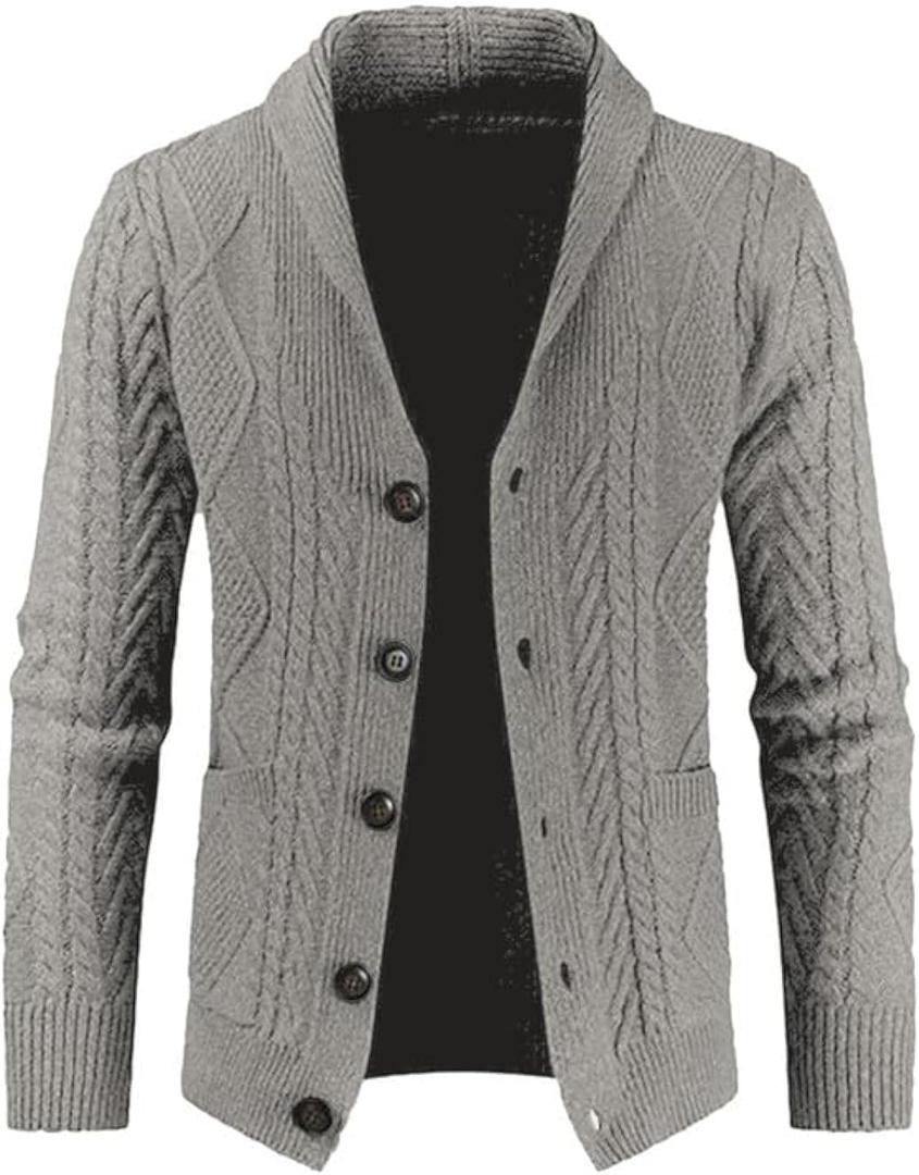 Mens Casual Shawl Collar Cardigan Sweater Slim Fit Cable Knit Button Up Sweaters with Pockets (Medium, Light Gray)