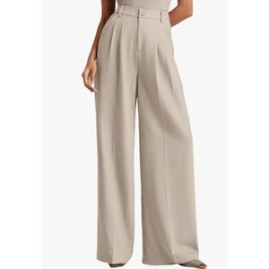 Women's Casual Wide Leg Dress-Pants, High Elastic Waisted in The Back Business Flowy Trousers with Pockets LG Tan L