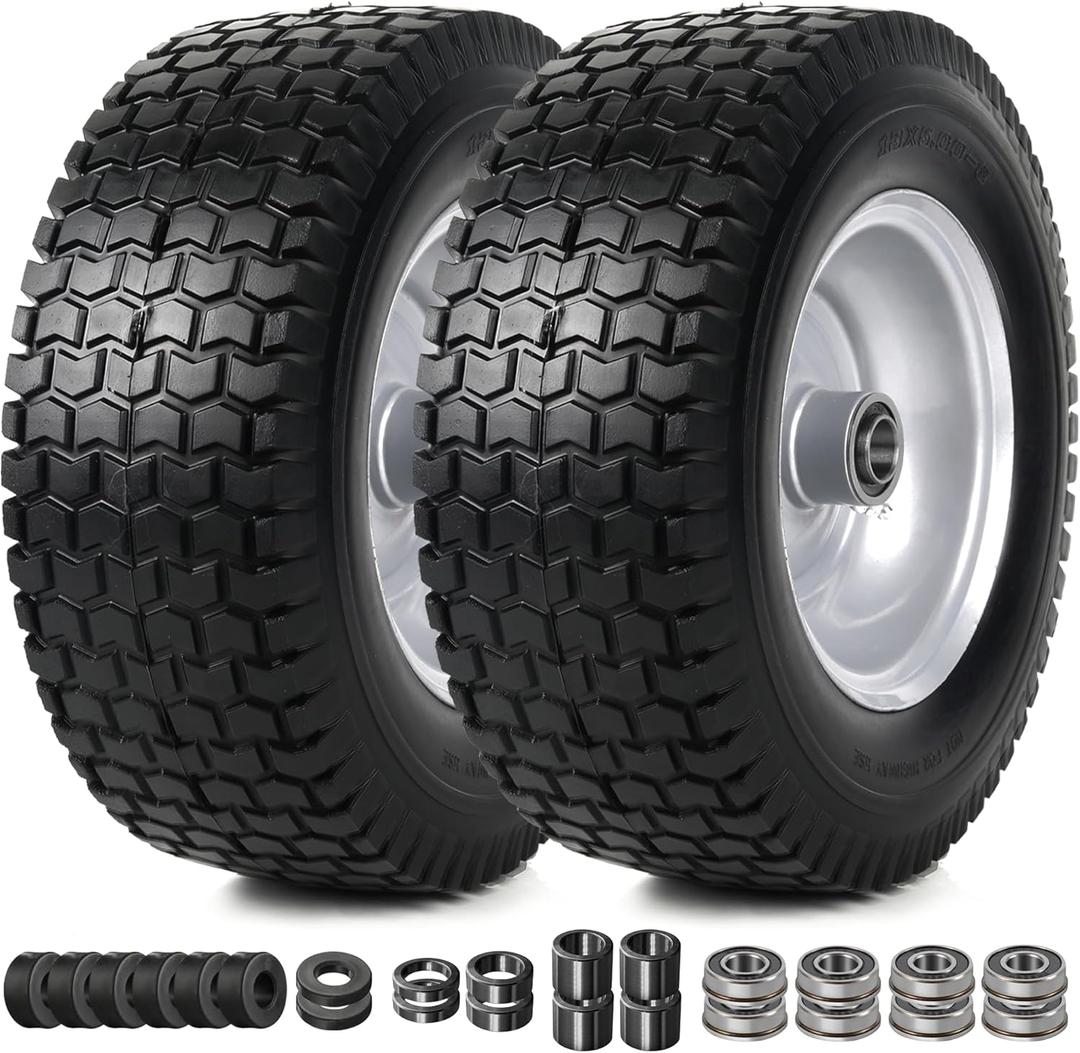 AR-PRO (2 Pack) 13x5.00-6 Flat Free Tire and Wheel Assembly, Solid Lawn Mower Front Tire with 3" Centered Hub, 3/4" Bearing extra 5/8"&1/2", Compatible with Riding Mowers & Garden Tractors (Silver)