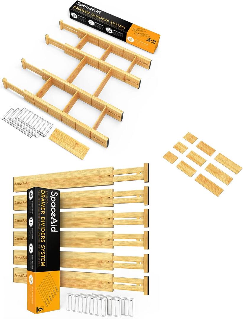 SpaceAid Bamboo Drawer Dividers 4 Pack with 9 Inserts and 6 Pack (17-22 in), with 3 Sizes 9 Pack Inserts Set