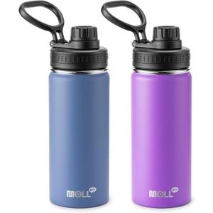 Kids Water Bottle 2 Pack-16 oz Stainless Steel Double Wall Vacuum Insulated Wide Mouth Sports Water Bottle Flask with Leakproof Spout Lid (Royal Blue-Purple)