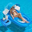 Fabric Covered Inflatable Pool Lounger Float Adult, 70"x39" Extra Large Pool Float w/ UPF50+ Sunshade Canopy & Cupholder Caddy, Water Floaties Raft Recliner Chair for Pool Party Lake Beach