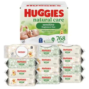 Huggies Natural Care Sensitive Baby Wipes, Unscented, Hypoallergenic, 99% Purified Water, 12 Flip-Top Packs (768 Wipes Total)